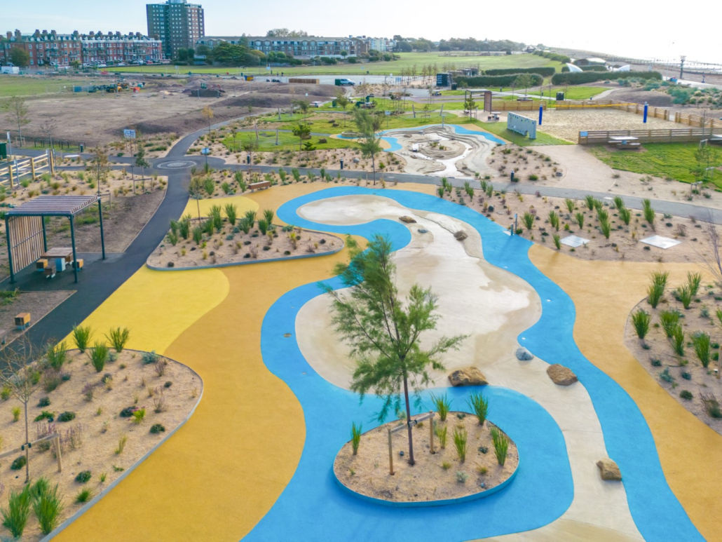 Aerial view of colourful curved surfaces at Littlehampton Seafront.