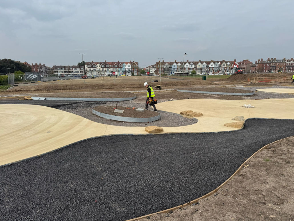 Curved landscape boundaries during construction at Littlehampton Seafront.